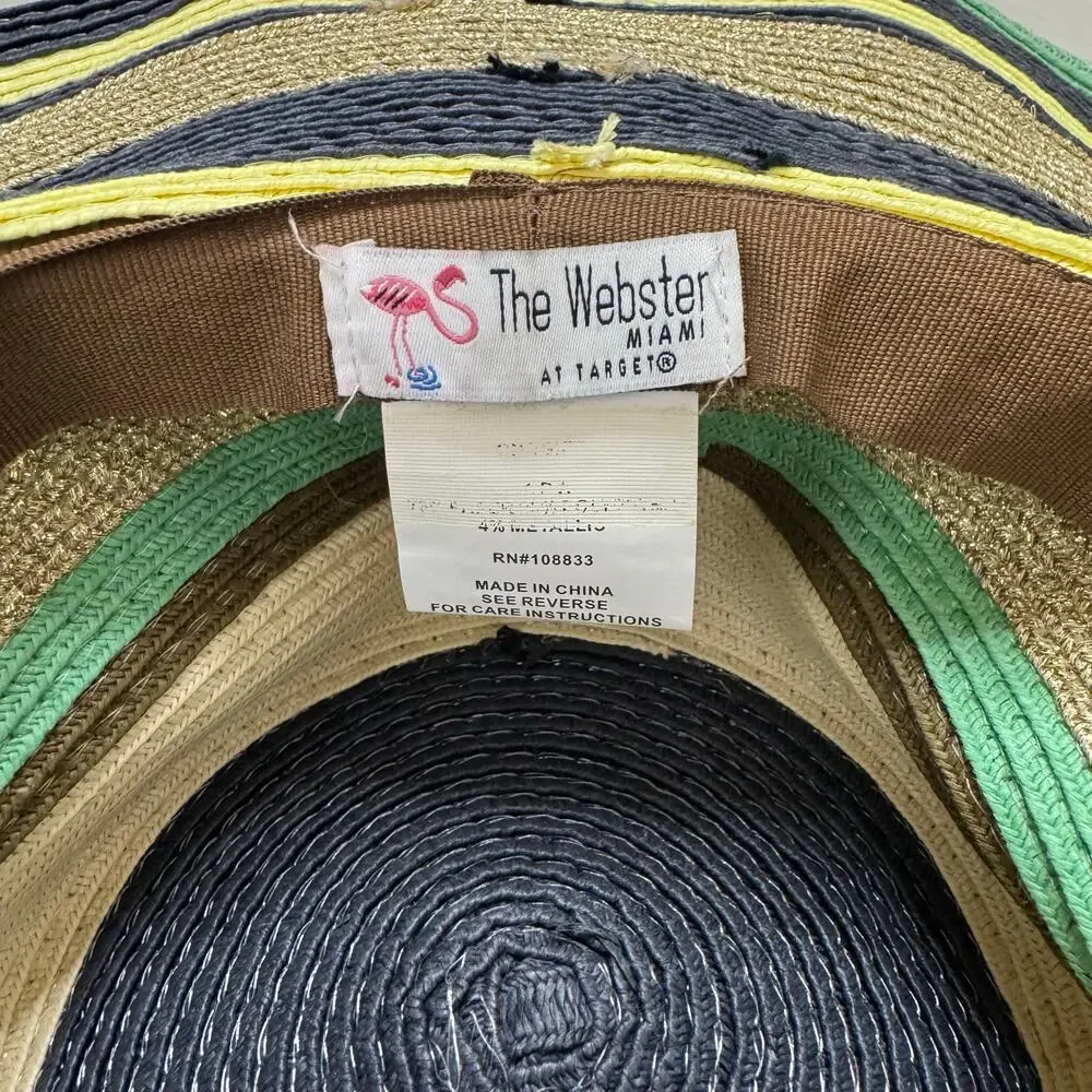 THE WEBSTER Target Navy Striped Woven Sun Hat Tan Green Gold Brown Summer Beach